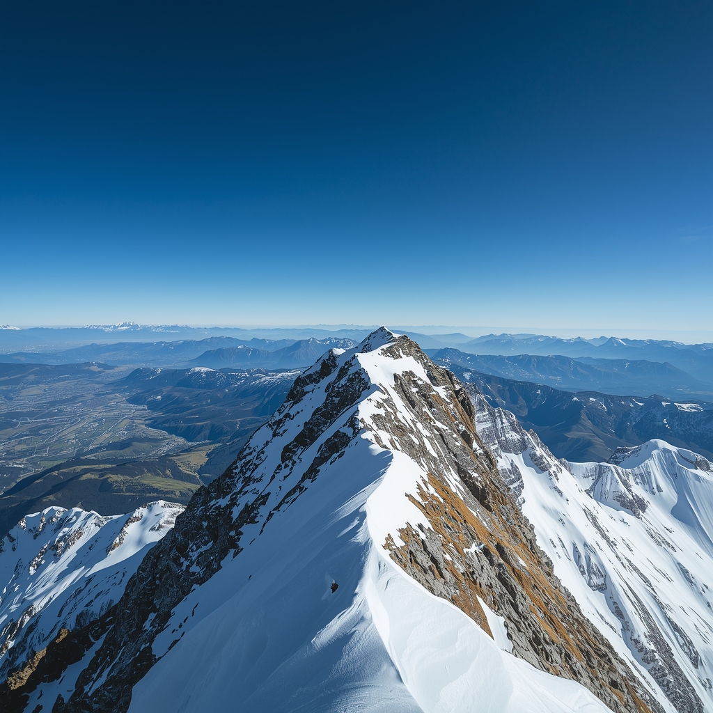 prompt: A high quality photo of a mountain peak covered in snow, overlooking a vast valley, extreme altitude, majestic landscape, nature, adventure, clear blue sky, no people, photorealistic